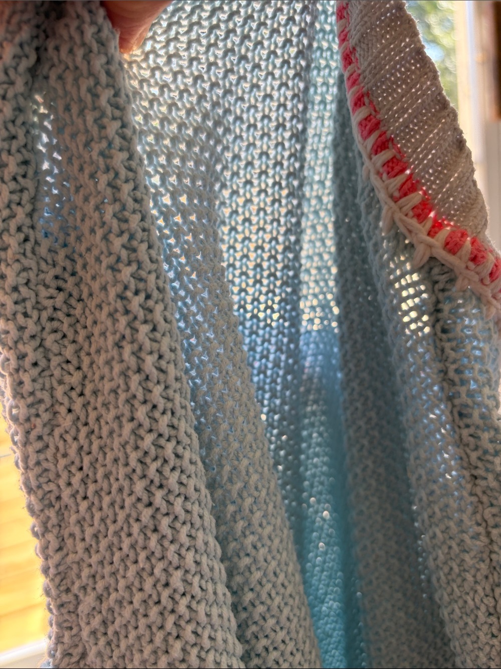 Lisa Todd Light Blue Crewneck Sweater with Pink and Olive Stripes, Size L. - Picture 12 of 15